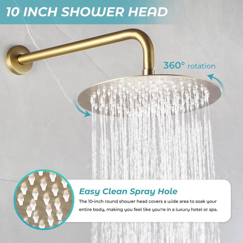 Single Handle 2-Spray 10 in Round Shower Faucet 2.5 GPM with 360В° Swivel in. Brushed Gold - Image 3