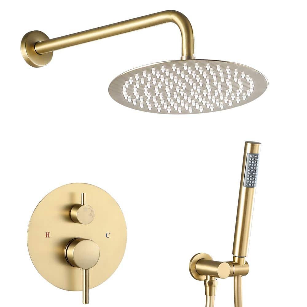 Single Handle 2-Spray 10 in Round Shower Faucet 2.5 GPM with 360В° Swivel in. Brushed Gold