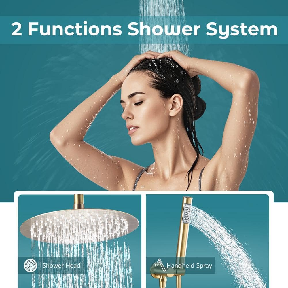 Single Handle 2-Spray 10 in Round Shower Faucet 2.5 GPM with 360В° Swivel in. Brushed Gold - Image 4
