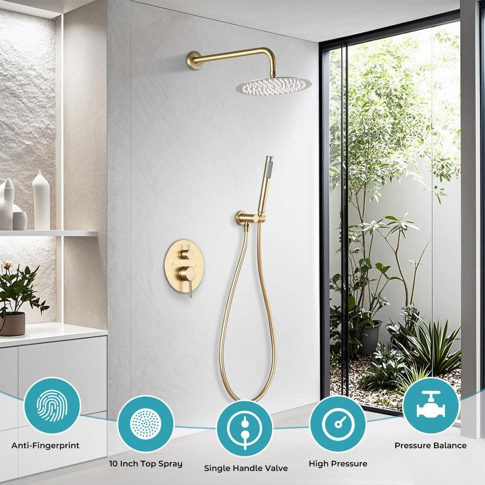 Single Handle 2-Spray 10 in Round Shower Faucet 2.5 GPM with 360В° Swivel in. Brushed Gold - Image 2