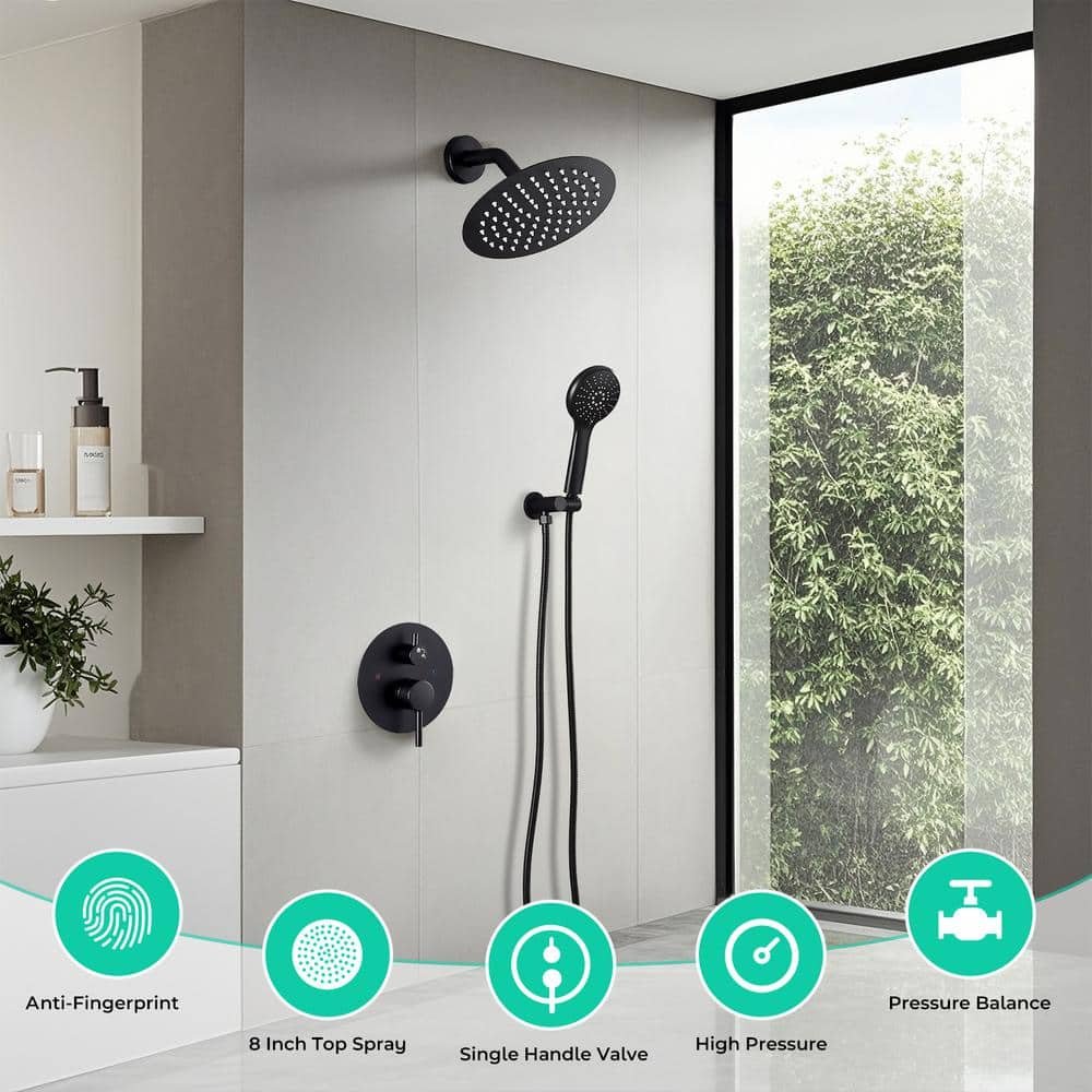 Single Handle 2-Spray 8 in Round Shower Faucet 2.5 GPM with 360В° Swivel in. Matte Black - Image 2