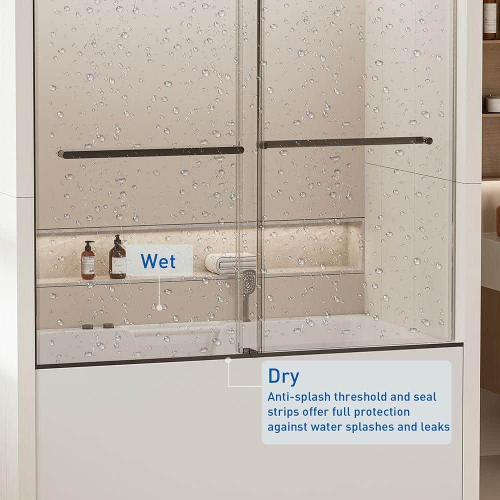 60 in. W x 62 in. H Frameless Double Sliding Tub Door in Matte Black with Clear Glass - Image 3