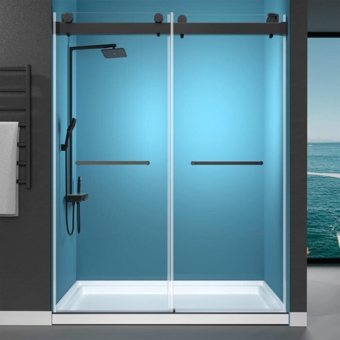 72 in. W x 79 in. H Double Sliding Frameless Shower Door in Matte Black With Crashproof And 3/8 in. (10 mm)Glass