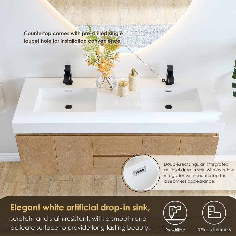 Siena 60 in. W Double Sink Floating Bath Vanity in Light Brown with White Stone Top - Image 4