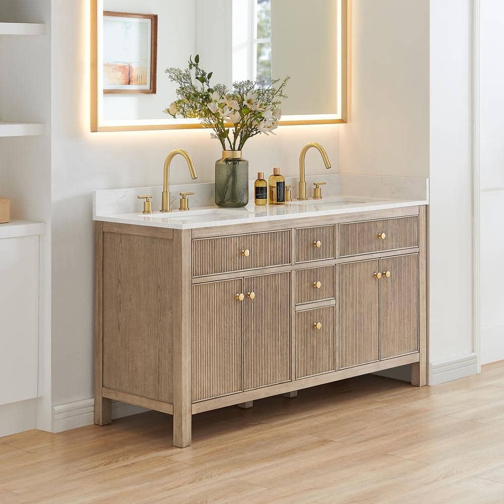 Cerrito 60 in. Double Sink Freestanding Nature Oak Bath Vanity with Grain White Engineered Stone Top Assembled - Image 2