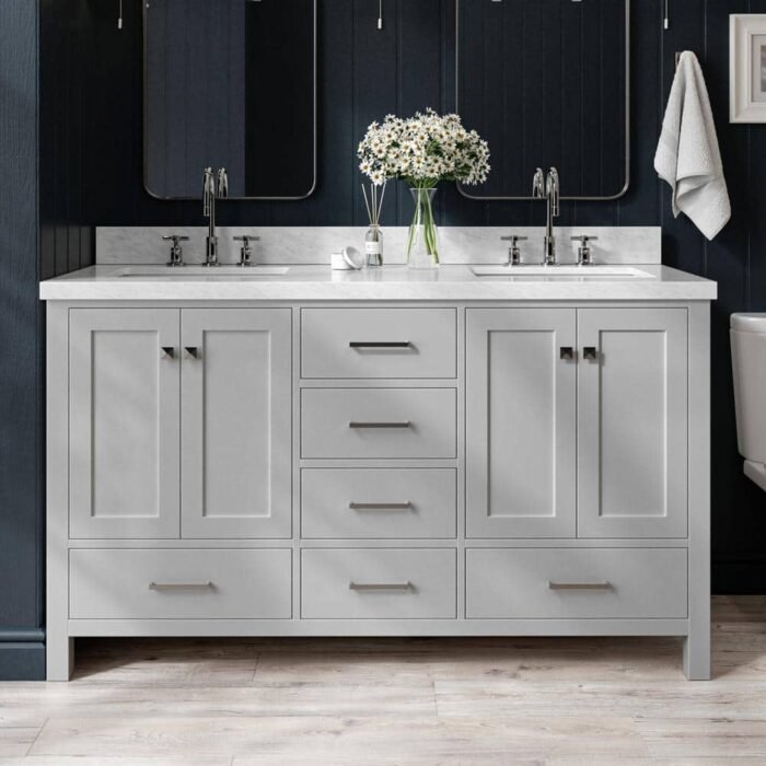 Cambridge 61 in. W x 22 in. D x 36 in. H Bath Vanity in Grey with Marble Vanity Top in Greys