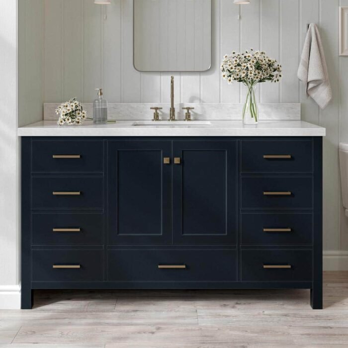 Cambridge 61 in. W x 22 in. D x 36 in. H Vanity in Midnight Blue with Carrara White Marble Top