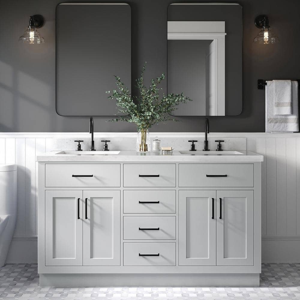 Hepburn 60 in. W x 22 in. D x 36 in. H Double Sink Freestanding Bath Vanity in Grey with Carrara Qt. Top