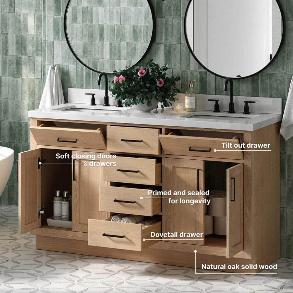 Hepburn 61 in. W x 22 in. D x 36 in. H Double Freestanding Bath Vanity in Oak with Pure White Quartz Top - Image 3