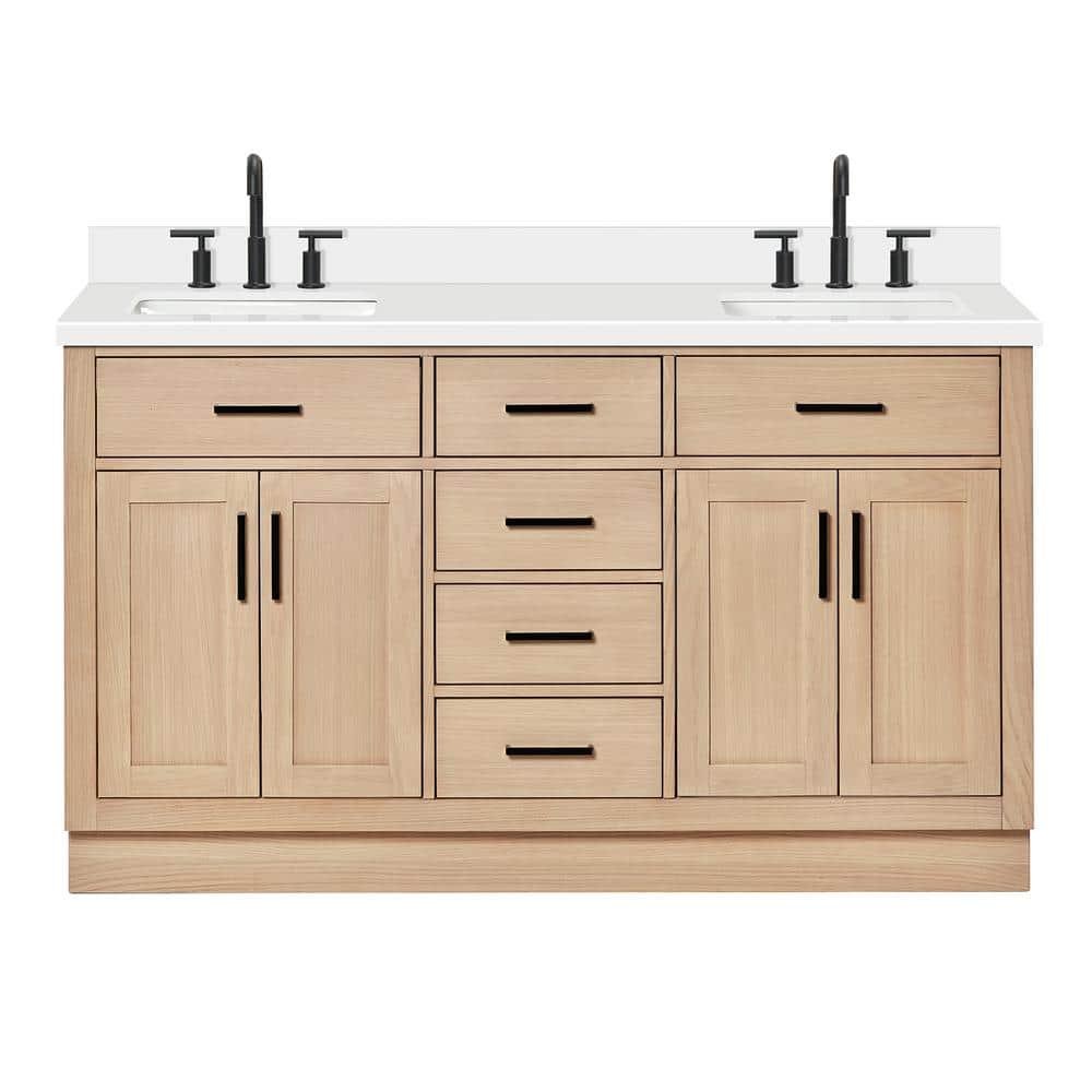 Hepburn 61 in. W x 22 in. D x 36 in. H Double Freestanding Bath Vanity in Oak with Pure White Quartz Top - Image 2