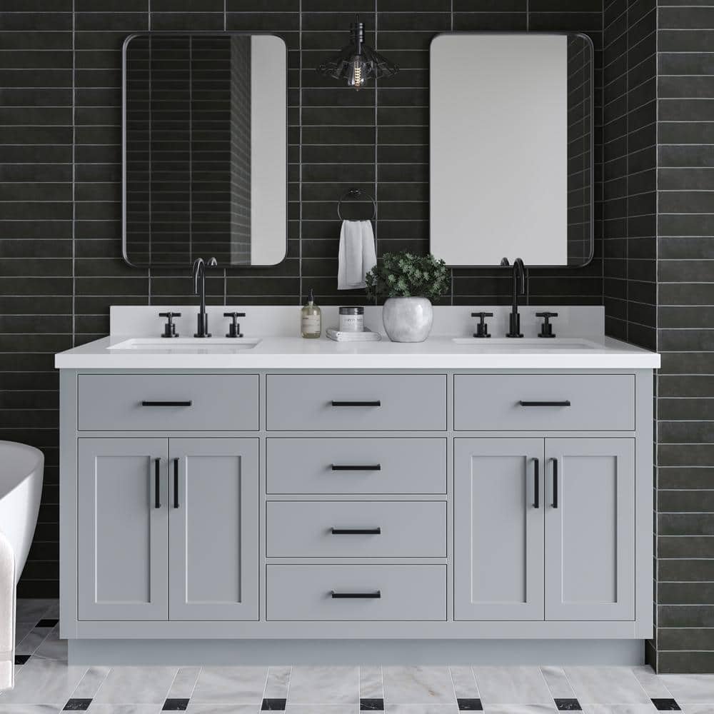 Hepburn 67 in. W x 22 in. D x 36 in. H Double Freestanding Bath Vanity in Grey with Pure White Quartz Top