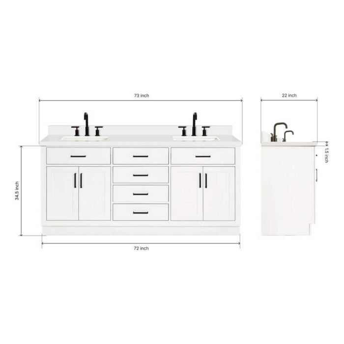 Hepburn 72 in. W x 22 in. D x 36 in. H Double Sink Freestanding in White Bath Vanity with Pure White Quartz Top - Image 4