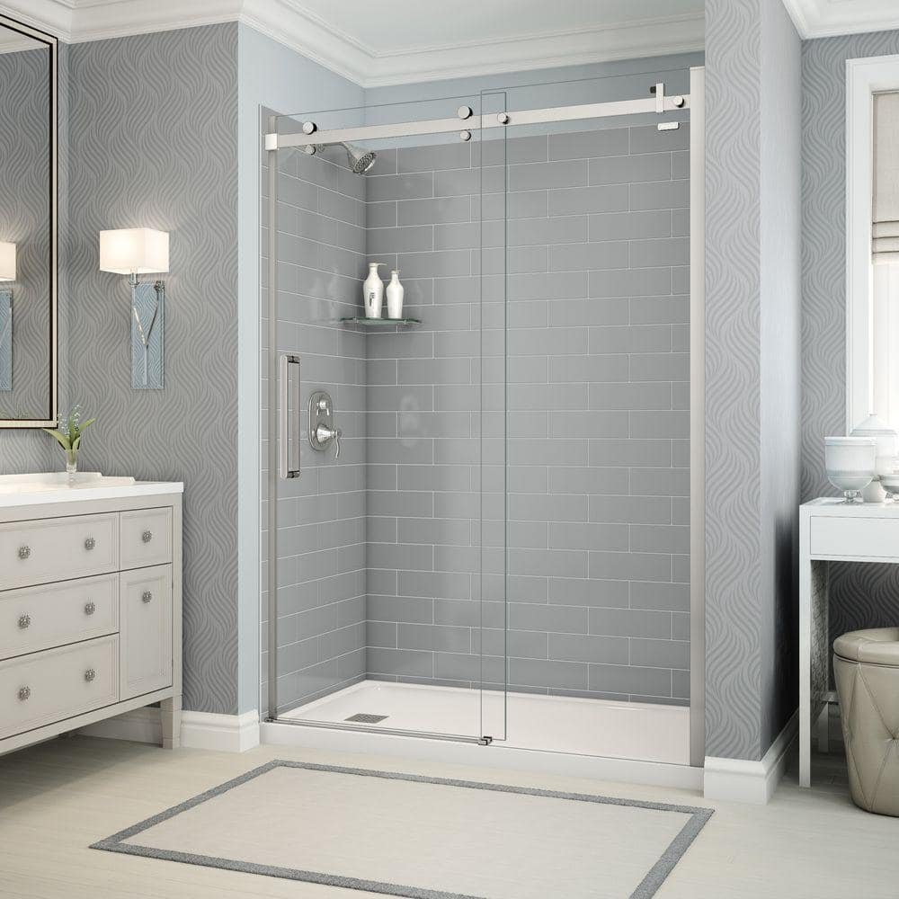 Utile Metro 32 in. x 60 in. x 83.5 in. Left Drain Alcove Shower Kit in Ash Grey with Chrome Shower Door