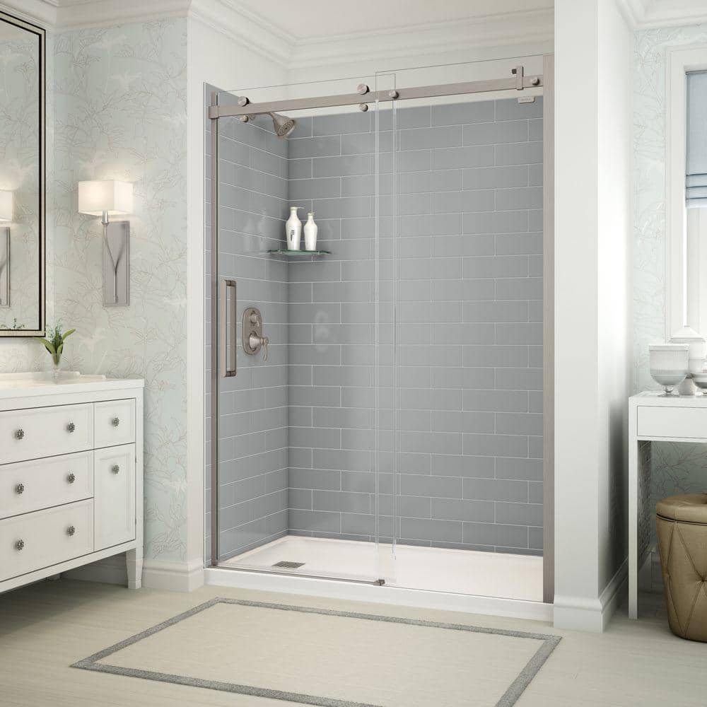 Utile Metro 32 in. x 60 in. x 83.5 in. Left Drain Alcove Shower Kit in Ash Grey with Brushed Nickel Shower Door