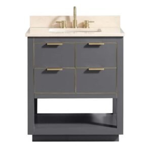 Allie 31 in. Single Sink Twilight Gray with Gold Trim Bath Vanity with Crema Marfil Marble Top