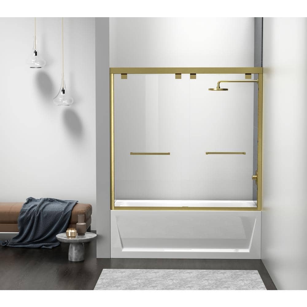 Simply Living 60 in. W x 60 in. H Semi-Frameless Sliding Tub Door in Brushed Gold with Clear Glass