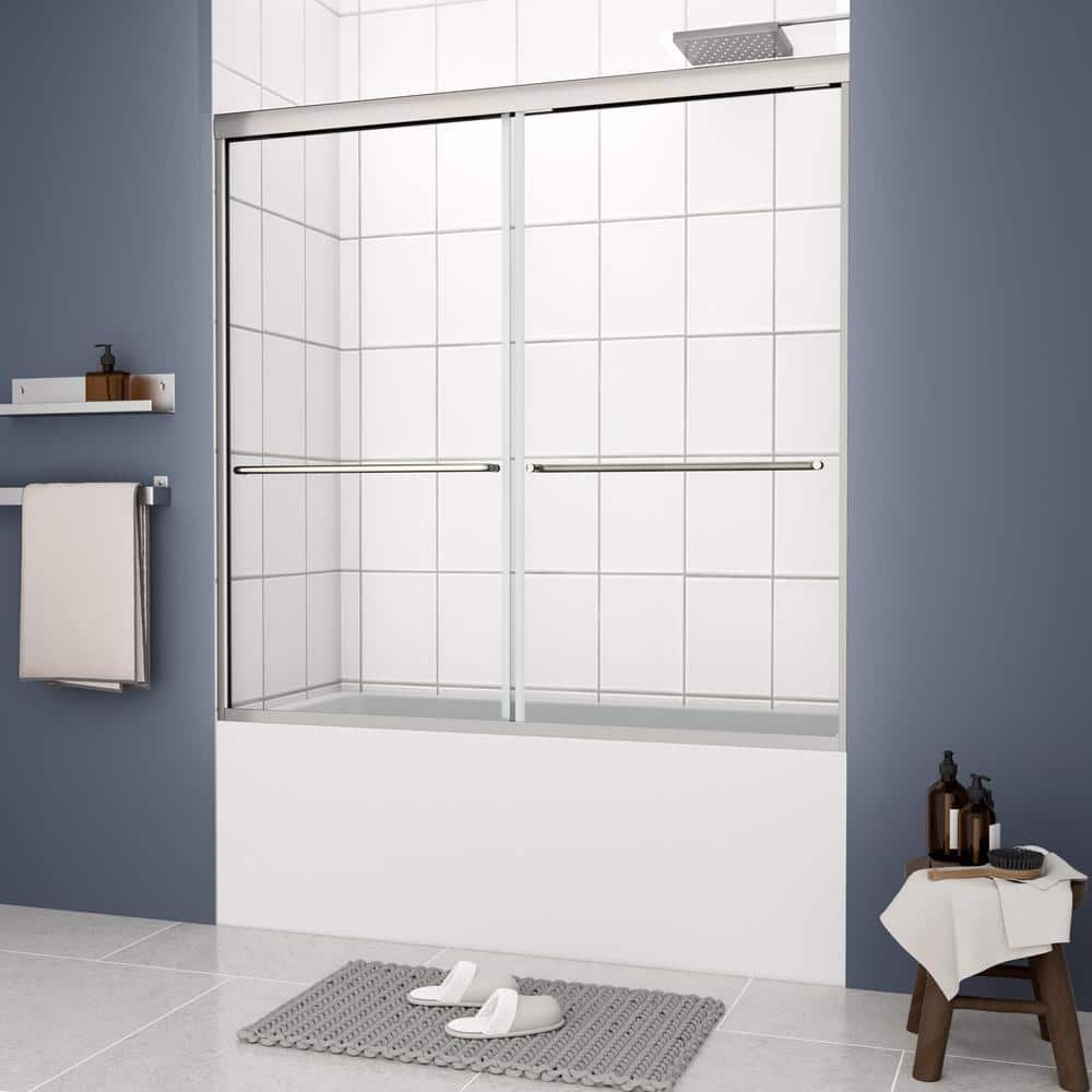 60 in. W x 58 in. H Framed Double Sliding Tub Door in Chrome with Clear Tampered Glass