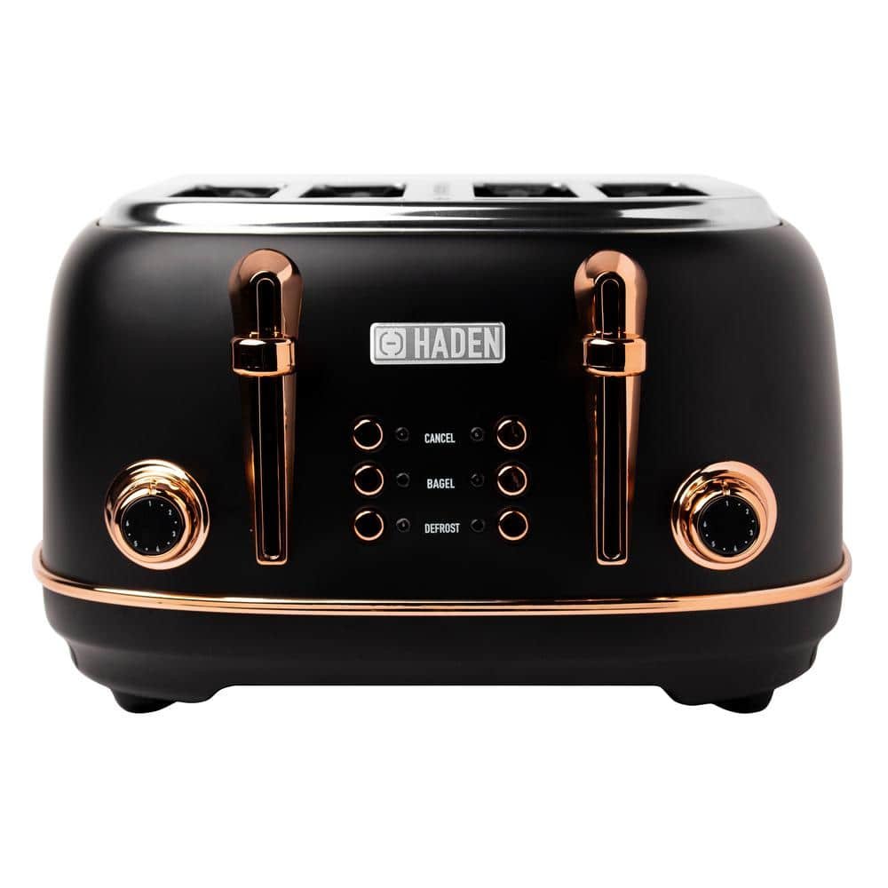 Heritage 1500-Watt 4-Slice Black and Copper Wide Slot Retro Toaster with Removable Crumb Tray and Browning Control