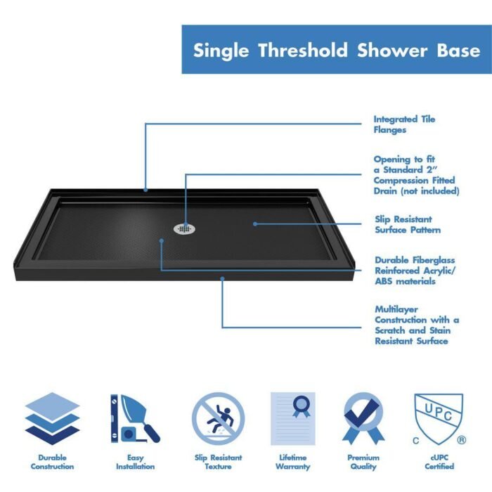 SlimLine 54 in.x 32 in. Single Threshold Alcove Shower Pan Base in Black with Center Drain - Image 2
