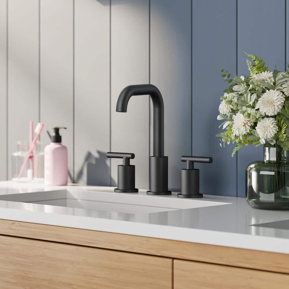 2-Handle Widespread Bathroom Faucet with Pop Up Drain Assembly Brass Bathroom Sink Faucet in Black - Image 2