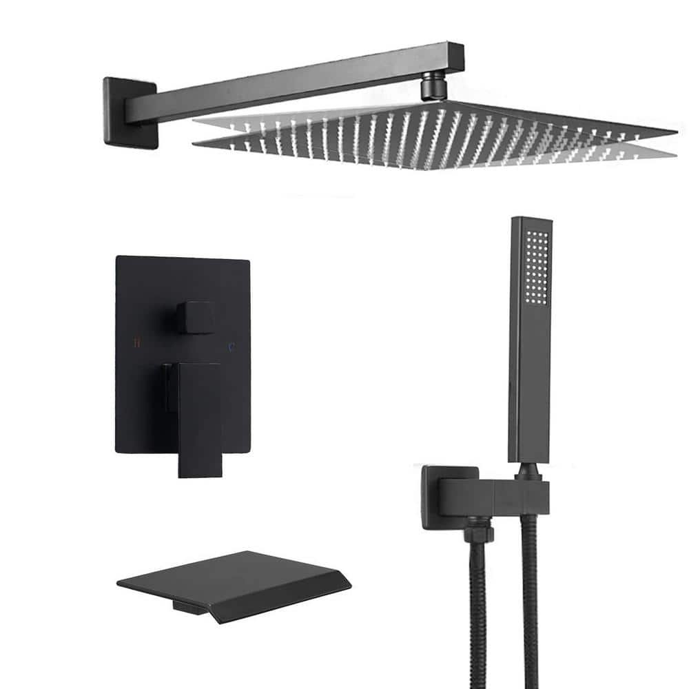 Waterfall Single Handle 3-Spray 10" Rain Shower Faucet 2.5 GPM Shower System with Bathtub and Handheld in Matte Black