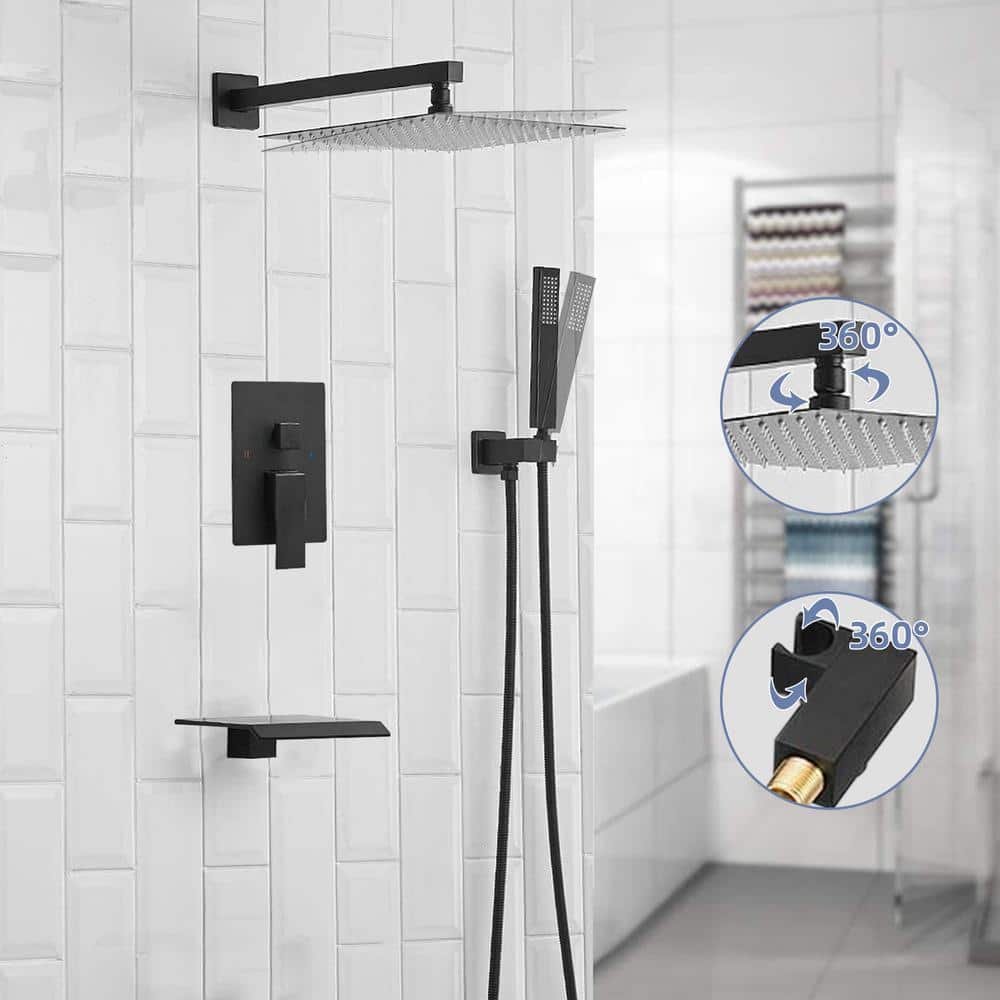 Waterfall Single Handle 3-Spray 10" Rain Shower Faucet 2.5 GPM Shower System with Bathtub and Handheld in Matte Black - Image 2