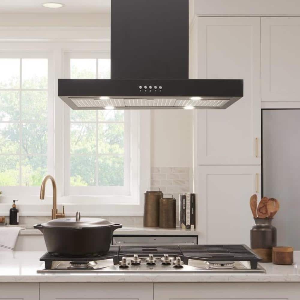 Lora 30 in. 350CFM Convertible Kitchen Island T-Shape Range Hood in Black with Charcoal filters and LED Lighting - Image 2