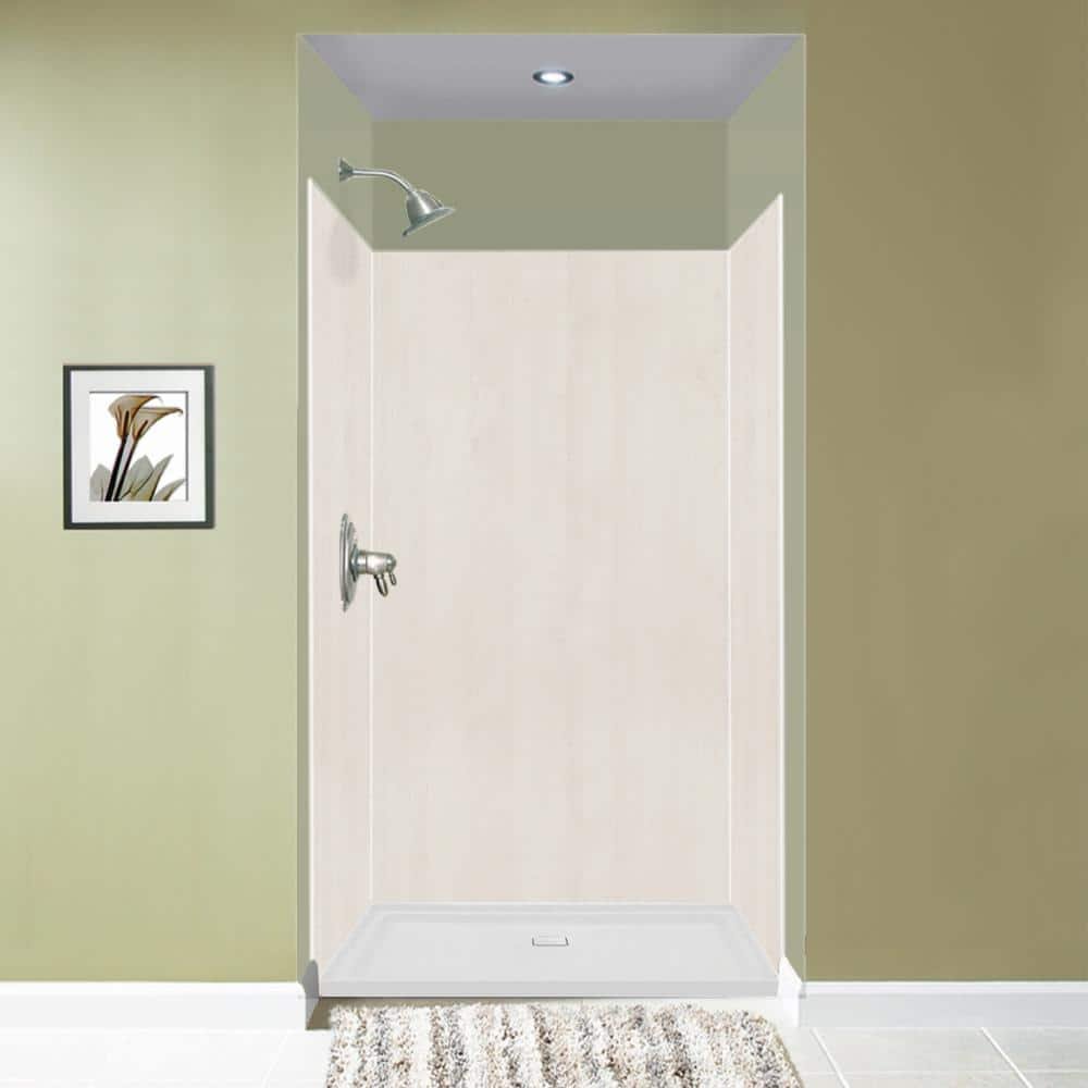 Expressions 36 in. x 48 in. x 72 in. 3-Piece Easy Up Adhesive Alcove Shower Wall Surround in Bleached Oak