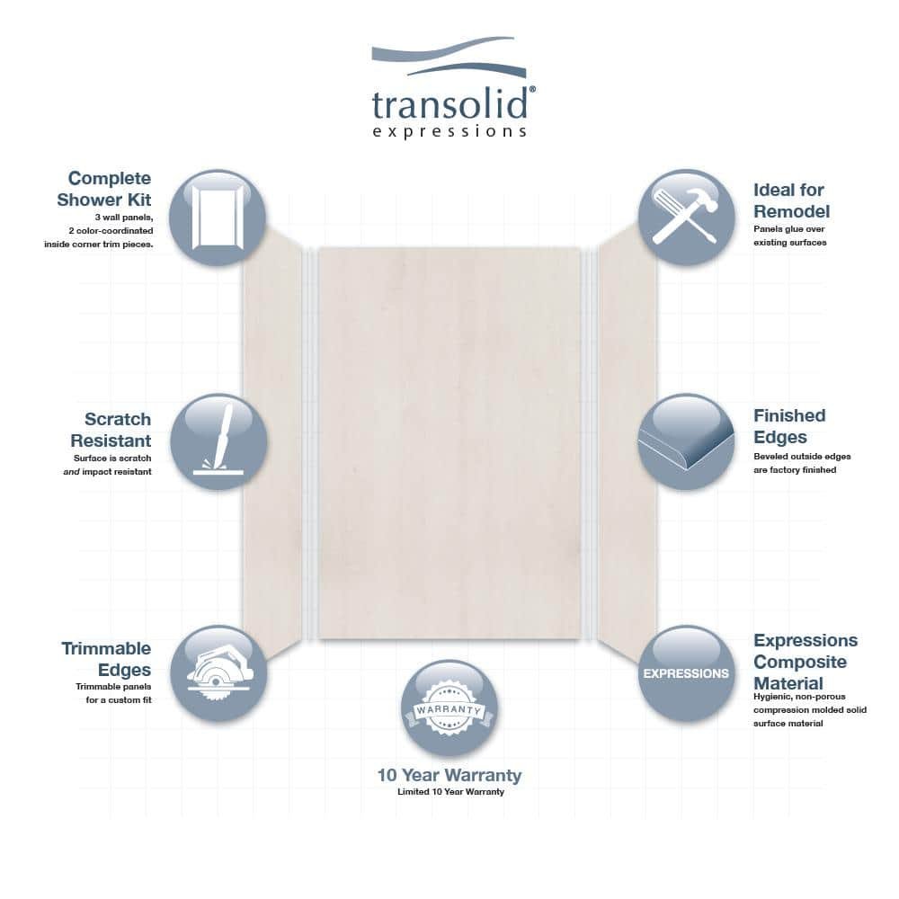 Expressions 36 in. x 48 in. x 72 in. 3-Piece Easy Up Adhesive Alcove Shower Wall Surround in Bleached Oak - Image 3