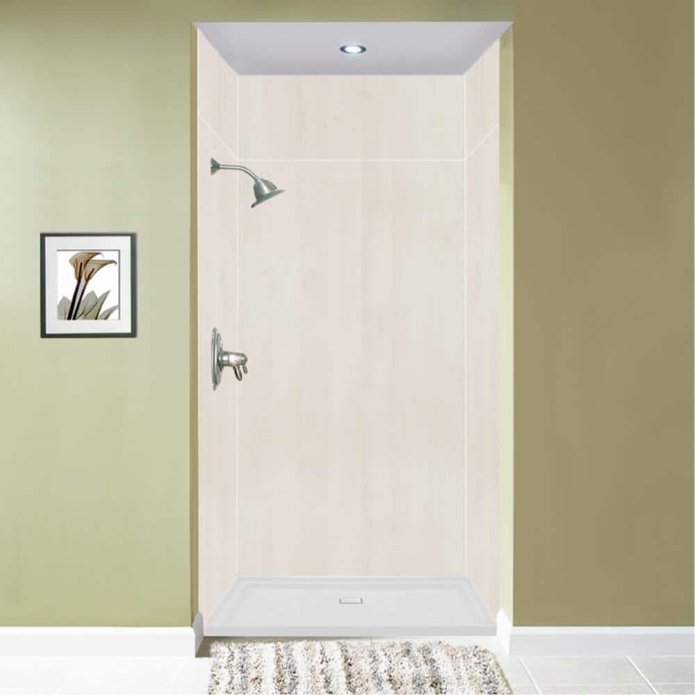 Expressions 36 in. x 48 in. x 96 in. 4-Piece Easy Up Adhesive Alcove Shower Wall Surround in Bleached Oak