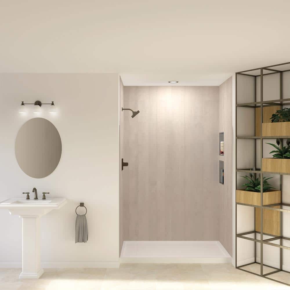 Expressions 36 in. x 60 in. x 96 in. 4-Piece Easy Up Adhesive Alcove Shower Wall Surround in Bleached Oak