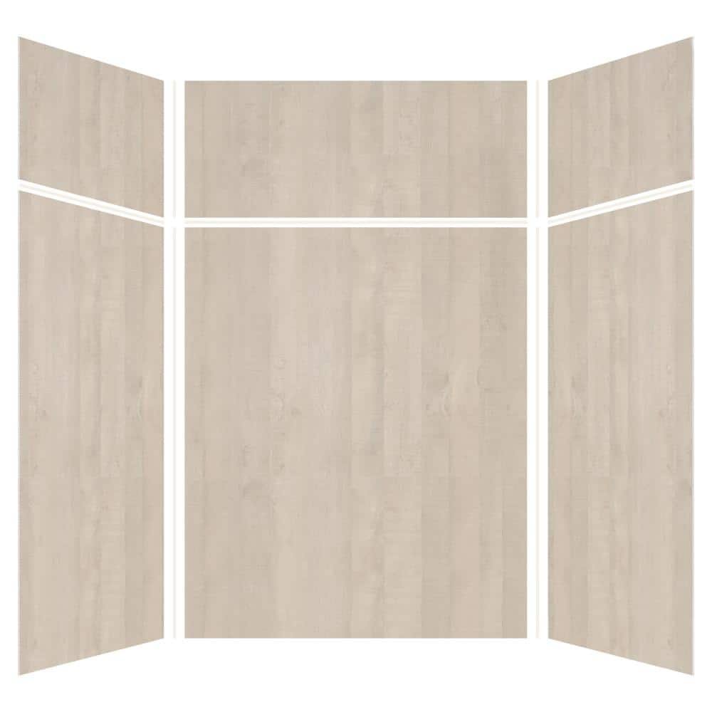 Expressions 60 in. x 60 in. x 96 in. 4-Piece Easy Up Adhesive Alcove Shower Wall Surround in Bleached Oak