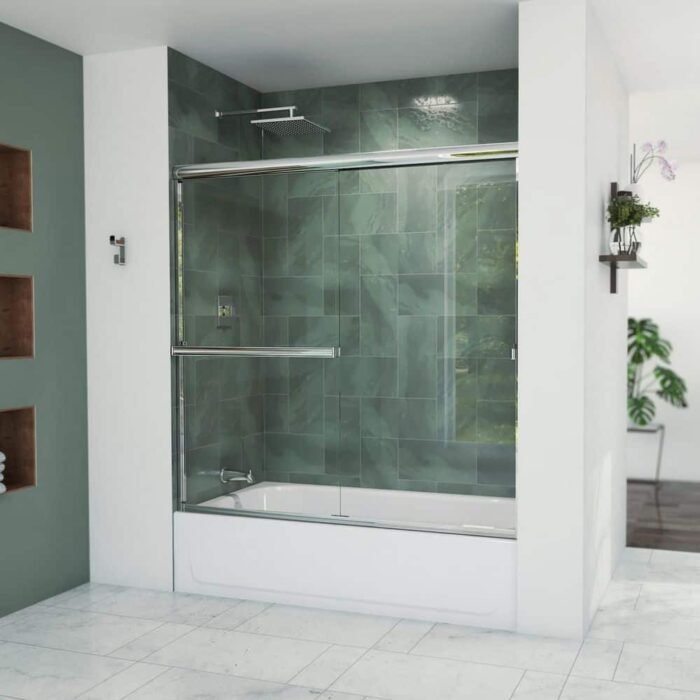Aloha 56 - 60 in. W x 58 in. H Semi-Frameless Sliding Shower Door/Enclosure Tub Door in Chrome with Clear Glass - Image 2