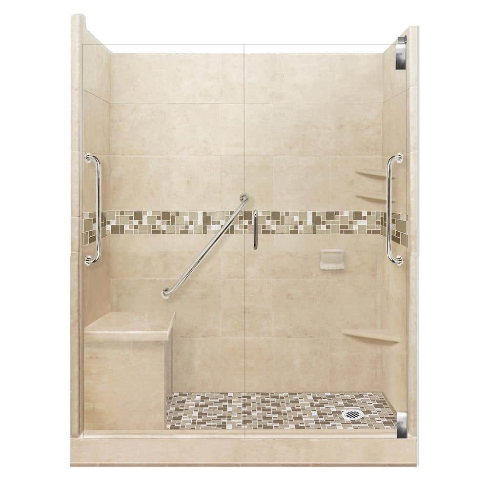Tuscany Freedom Grand Hinged 42 in. x 60 in. x 80 in. Right Drain Alcove Shower Kit in Brown Sugar and Satin Nickel