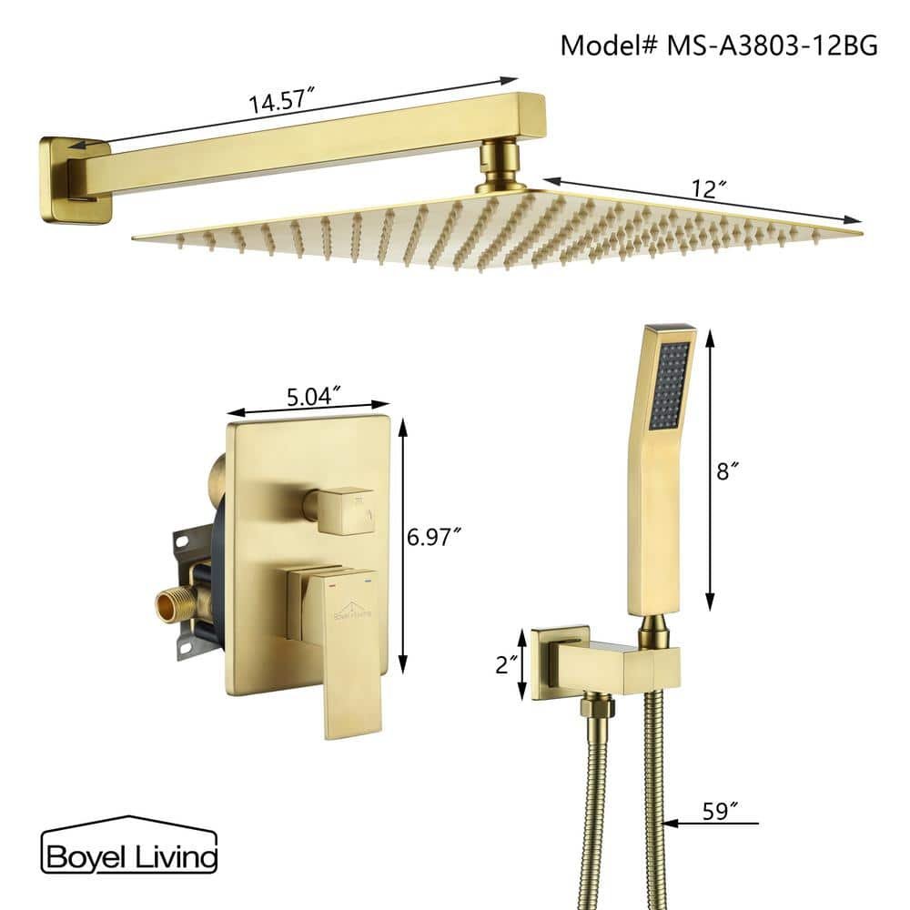 1-Spray Patterns with 2.5 GPM 12 in. Square Wall Mount Dual Shower Heads with Pressure Balance Valve in Brushed Gold - Image 3