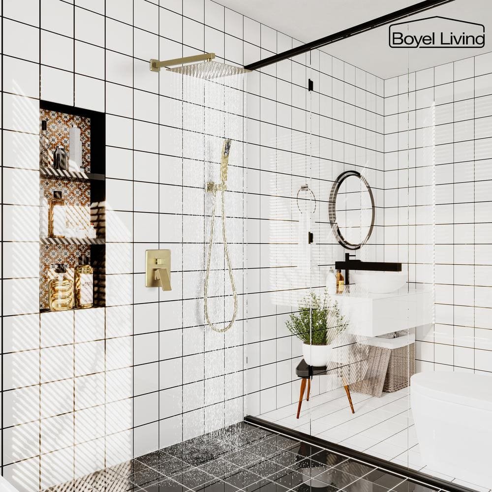 1-Spray Patterns with 2.5 GPM 12 in. Square Wall Mount Dual Shower Heads with Pressure Balance Valve in Brushed Gold - Image 2
