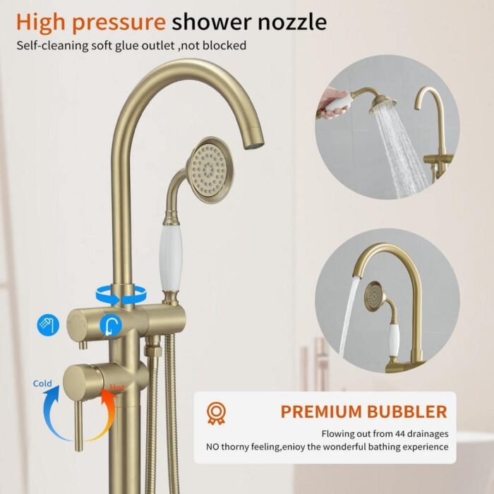 2-Handle Floor Mount Roman Tub Faucet with Hand Shower in Gold - Image 3
