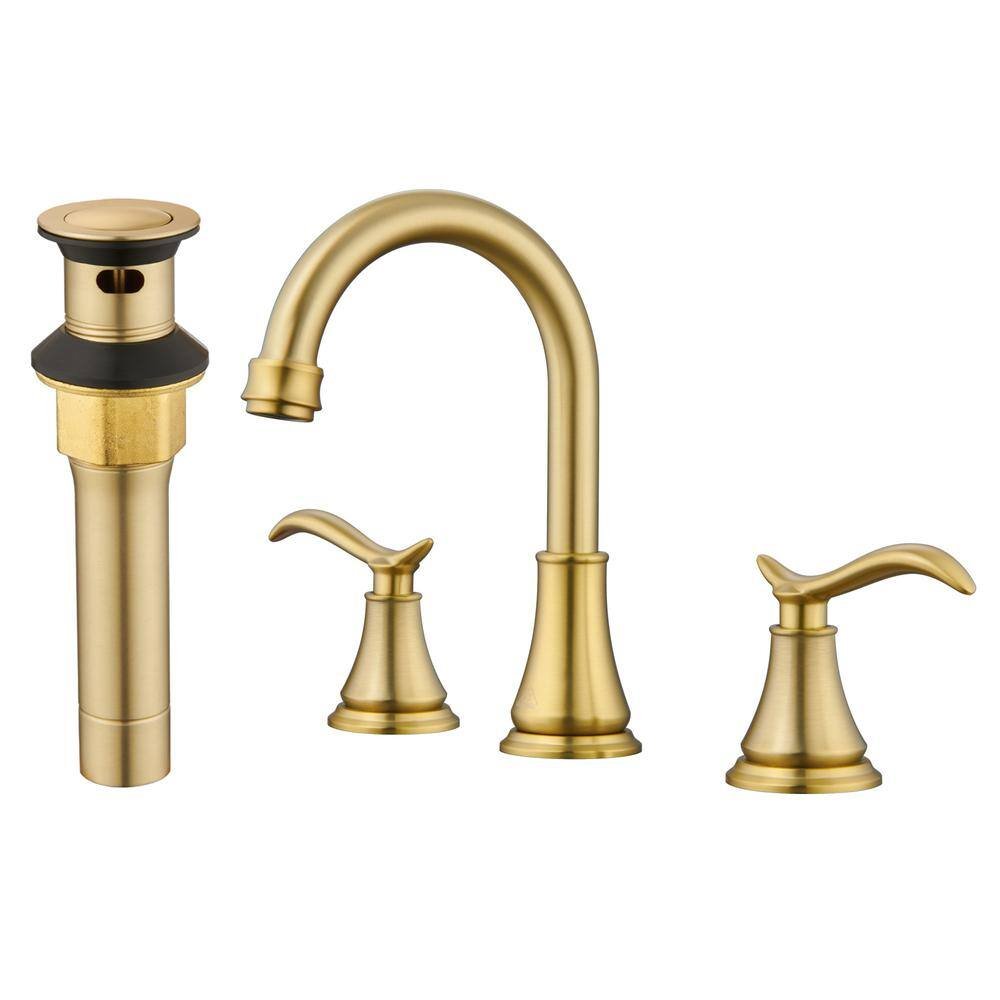 8 in. Widespread Double Handle Bathroom Sink Faucet with 360В° Swivel Spout, Stainless Steel Drain Kit in Brushed Gold