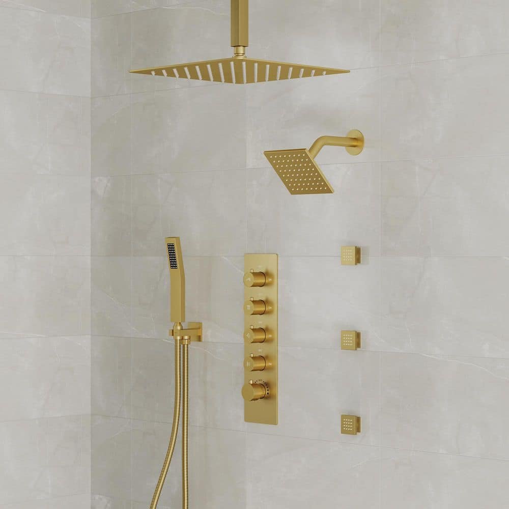 5-knobs 15-Spray Patterns 16in. Shower System with 6in. Shower Head Handheld shower in Brushed Gold, 3-Jets