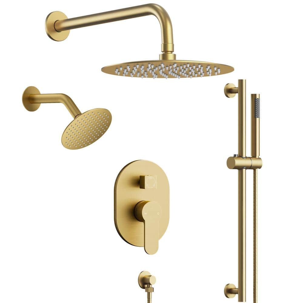 3-Spray Patterns Round Fixed Shower Head 10 and 6 in. with 2.5 GPM Wall Mount Dual Shower Heads in Brushed Gold - Image 3