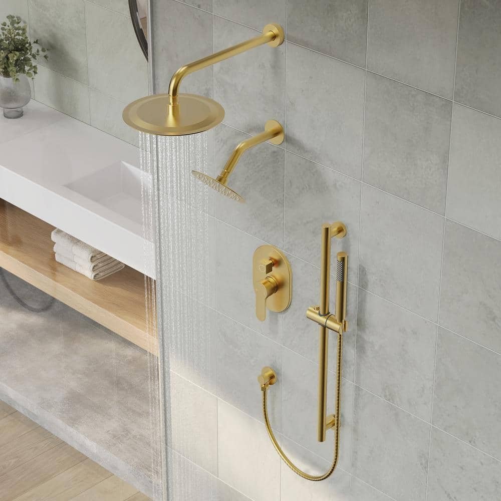 3-Spray Patterns Round Fixed Shower Head 10 and 6 in. with 2.5 GPM Wall Mount Dual Shower Heads in Brushed Gold - Image 2