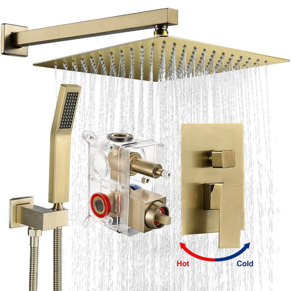 Rainfull Single-Handle 1-Spray Square Shower Faucet with 12 in. shower head in Brushed Gold Valve Included