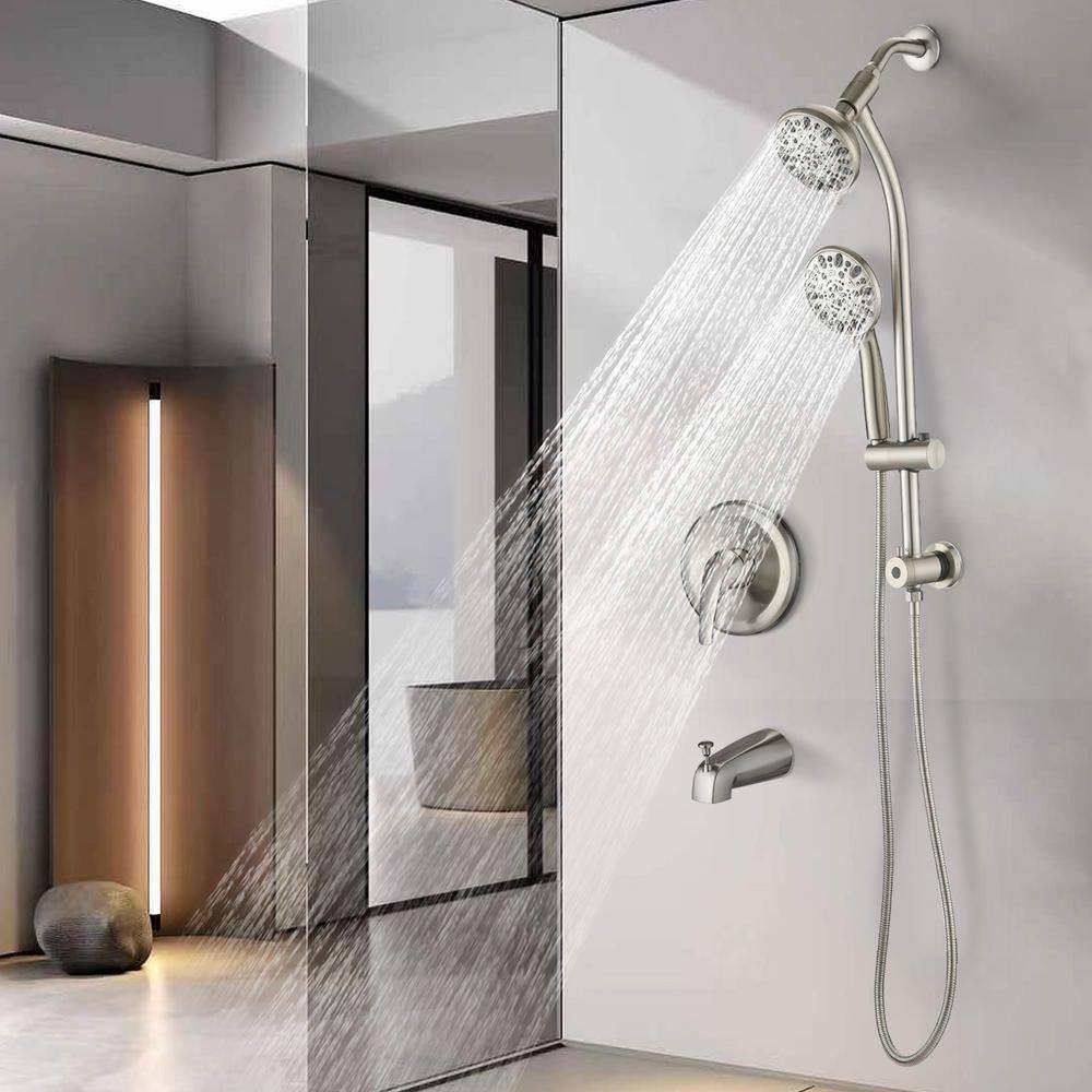 Single Handle 7-Spray Tub and Shower Faucet with Dual Shower Head and Tub Spout 1.8 GPM in Brushed Nickel Valve Included - Image 3