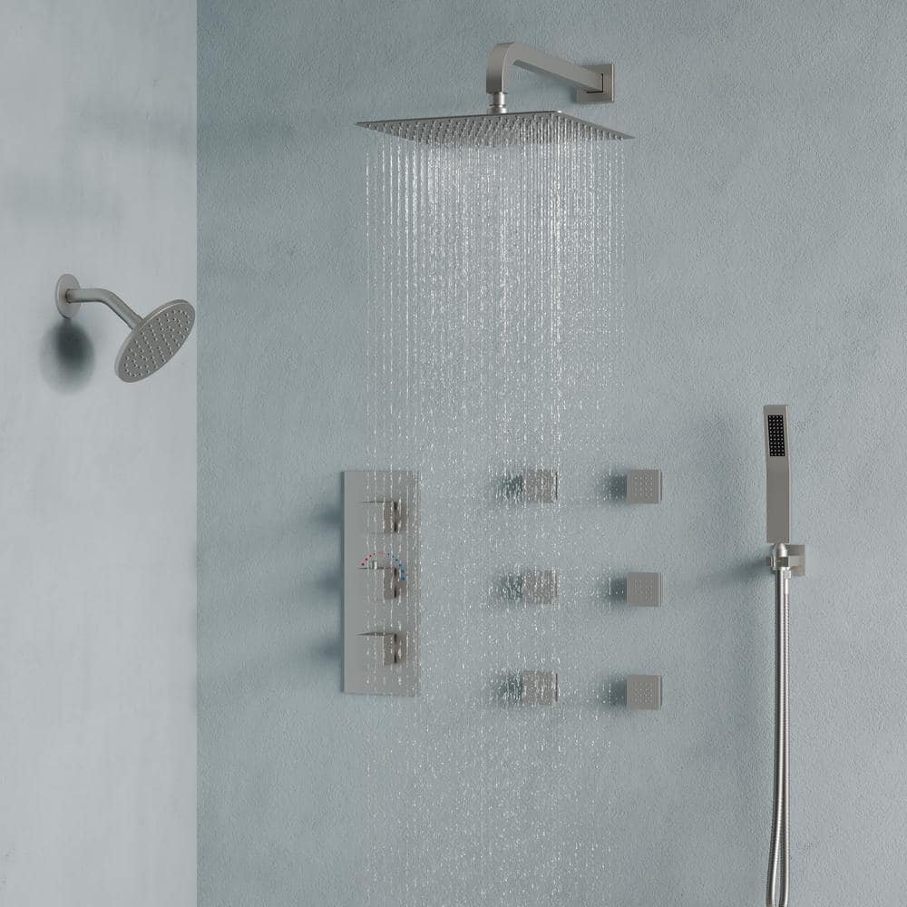 Thermostatic 8-Spray 12 and 6 in. Wall Mount Dual Shower Head Fixed and Handheld Shower Head 2.5 GPM, Brushed Nickel