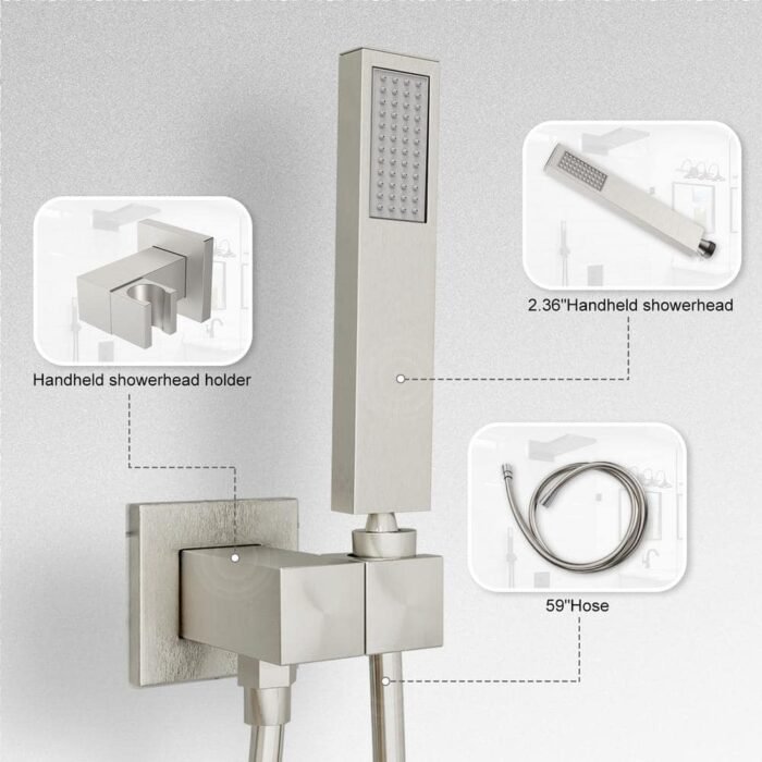 1-Handle 3-Spray Wall Mount Shower Faucet 9 in. Rainfall Shower Head Shower Hand in Brushed Nickel (Valve Included) - Image 4