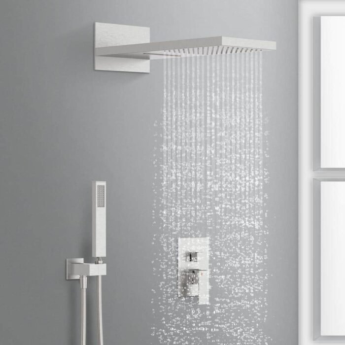 1-Handle 3-Spray Wall Mount Shower Faucet 9 in. Rainfall Shower Head Shower Hand in Brushed Nickel (Valve Included) - Image 2