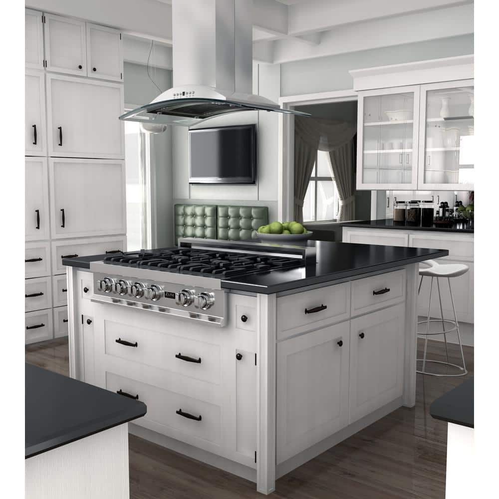 36 in. 400 CFM Convertible Island Mount Range Hood in Stainless Steel and Glass - Image 2