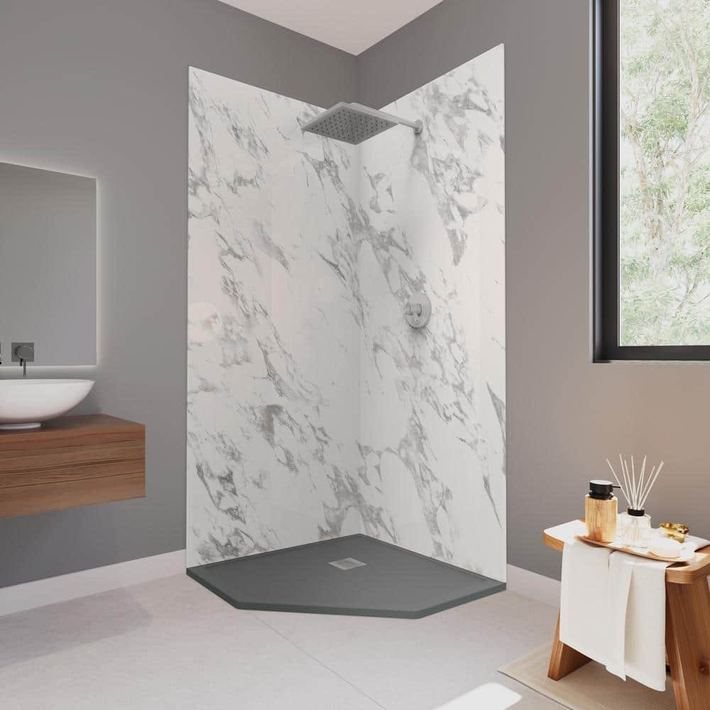 Corner Neo 37 in. x 37 in. x 84 in. Solid Composite Stone Shower Kit - Carrara Shower Walls and GR Sand Shower Pan Base
