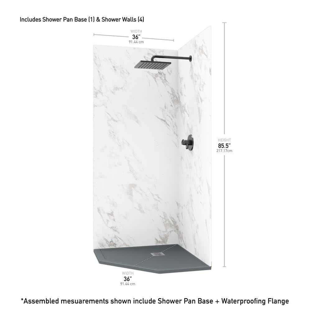 Corner Neo 37 in. x 37 in. x 84 in. Solid Composite Stone Shower Kit - Carrara Shower Walls and GR Sand Shower Pan Base - Image 3