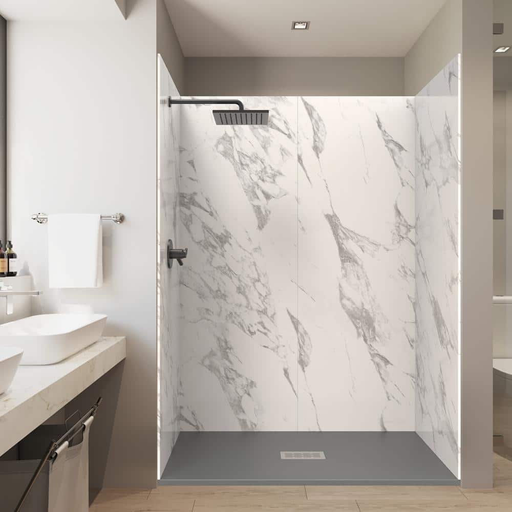 60 in x 32 in x 84 in Alcove Solid Composite Stone Shower Kit - Carrara Shower Walls and Cntr GR Sand Shower Pan Base